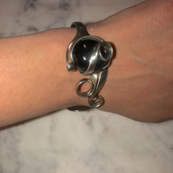 VTG Silver Plate Twisted Fork Cuff Bracelet Glass Stone Adjustable 7” Fits Loose - Picture 4 of 8